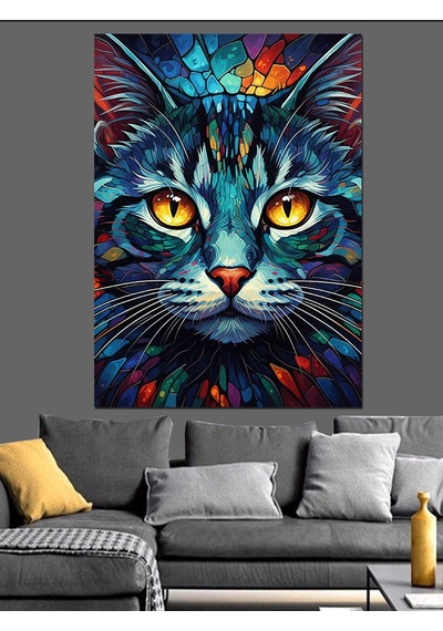 Ahşap Tablo Neon Renkli Kedi Portresi