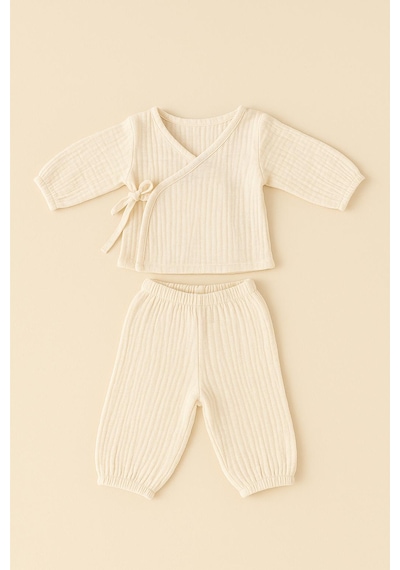 Heianmono 4 Katlı Müslin Yeni Doğan Set Hastane Çıkışı Alt Üst Takım-eldiven-şapka-üçgen Önlük Kız-unisex Bej