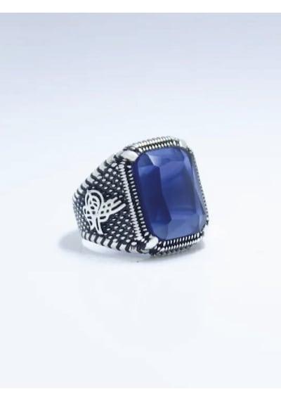 Gümüş Pençe Model Tuğra Desenli Kristal Kesim Safir Taşlı Erkek Yüzük