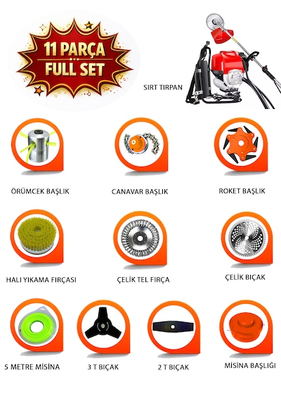 Prowackers German Tx-462 Max Seri Sırt Tipi Benzinli Ot Çalı Çim Biçme Tırpanı+ 11 Pcs Full Set Hali Yıkamalı