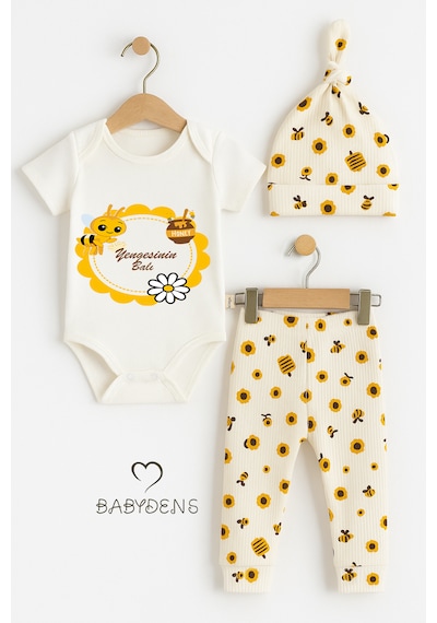 Babyden's Yengesinin Balı Yazılı 3 Lü Bebek Takımı Kısa Kollu Çıtçıtlı Body Zıbın, Arı Desenli Pantolon ,bere Set Ekru - Sarı
