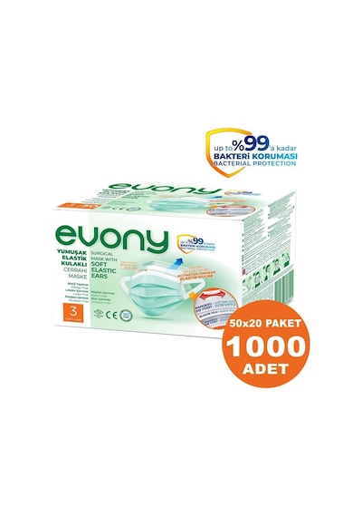 Evony Elastik Kulaklı 3 Katlı Cerrahi Maske 1000 Adet