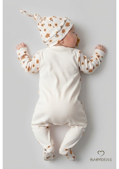 Babyden's Babaannesinin Balı Yazılı Yenidoğan Bebek Tulum Şapka Set Arı Desenli Çıtçıtlı Unisex Tulum Ekru - Çok Renkli