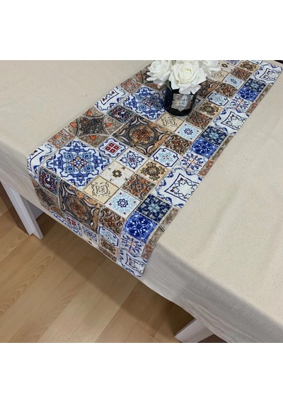 Etnik Desenli Runner, Duck Kumaş Runner, Su Ve Leke İtici Dayanıklı, Modern Tasarım 40x145 Cm Çok Renkli