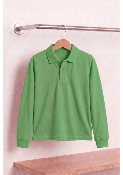 Nacar Store Unisex Çocuk Uzun Kollu Polo Yaka Lakost Okul Tişörtü Fıstık Yeşil