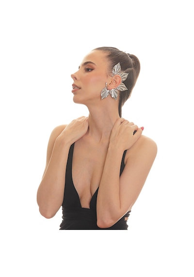 Kadın Gümüş Renk Lak Kaplama Zirkon Taşlı Yaprak Stilizesi Sol Kulak Earcuff&kıkırdak Küpe Çok Renkli