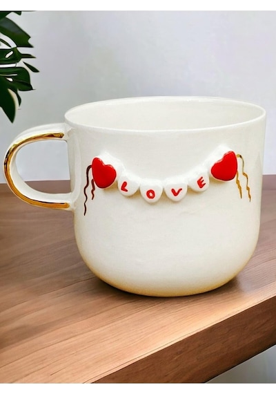 24 Ayar Altın Detaylı, Kalp Kabartmalı, El Yapımı, Kalpli Mug, 300 Ml, Heart Mug, Love Mug Beyaz - Çok Renkli