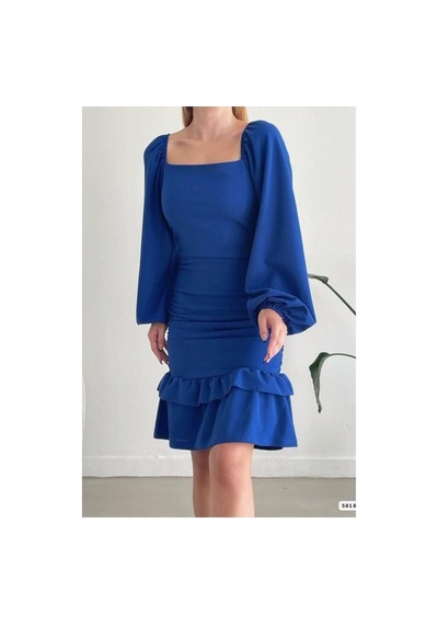 DefyModa Kadın Günlük Kare Yaka Büzgülü Uzun Kollu Abiye Elbise Saks