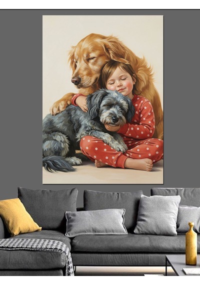 Köpekler Ve Çocuk Sevgisi Dekoratif Kanvas - Mdf Ahşap Tablo