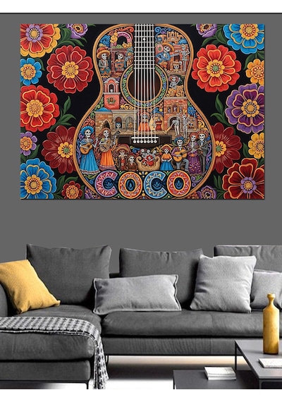 Renkli Desenli Soyut Mandalalar Ve Klasik Gitar Dekoratif Kanvas - Mdf Ahşap Tablo
