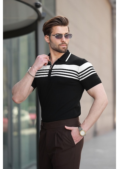Madmext Siyah Fermuarlı Polo Yaka Erkek Triko T-shirt E7407 Siyah