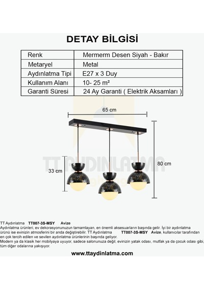 Tt007-3S Msy Tt Aydınlatma Mermer Desen 3 Lü Sıralı Siyah Lüks Av