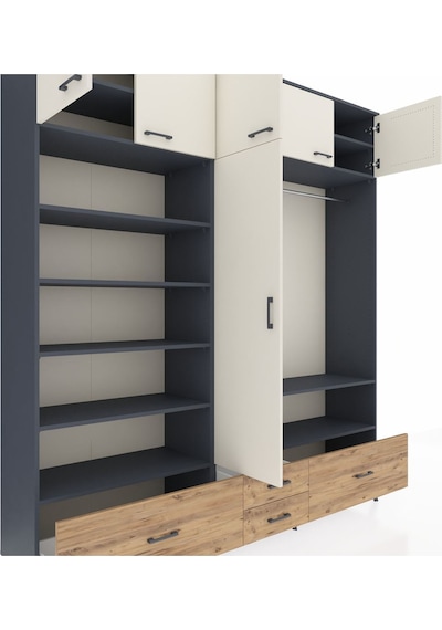 Hyperion Dolap 18 Raflı 4 Çekmeceli Tek Askılı 220x44x243 Antrasit-aytaşı/çam Aytası/atlas Çam