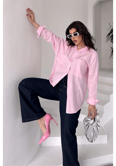 Paw Garage Kadın Harper Çift Cepli Oversize Keten Gömlek, 2025 Summer Collection Pembe