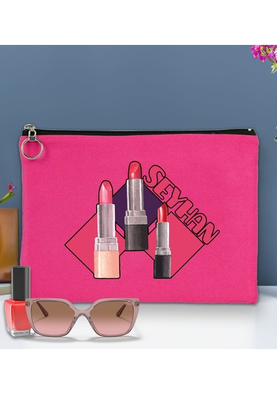 Bk Gift Kişiye Özel İsimli-2 Astarlı Fuşya Portföy Çanta 30x21cm, Baskılı El Çantası, Organizer Çanta