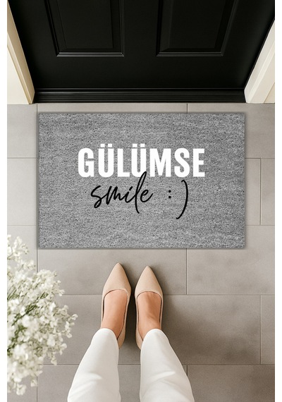 Rugmood Modern Dijital Baskı - Gülümse, Smile : - Kapı Önü Paspası Gri