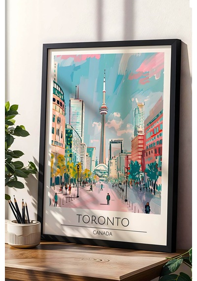 Toronto Kanada Temalı Çerçeveli Tablo Travel Serisi Modern İllüstrasyon Şehir Duvar Dekoru Siyah