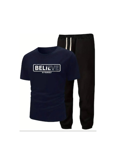 Medinenur Believe Yazı Baskılı T-shirt Eşofman Altı Jogger Rahat Kalıp Siyah Eşofman Takım Lacivert