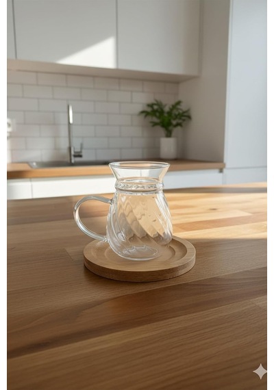 Lunero Borosilikat Cam 6'li Çay Bardağı Seti Bambu Tabanlı Çizgili 200 Ml Çok Renkli