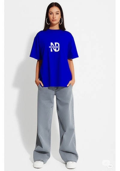 Oversize Tişört Kadın "nevermınd" Baskılı Geniş Kalıp T-shirt U Lacivert