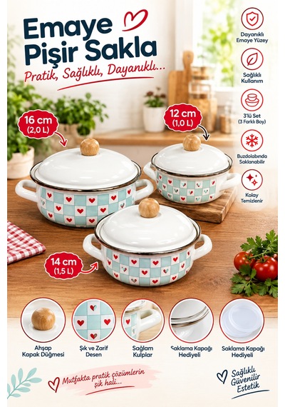 Kalpli 3lü Pişir & Sakla Emaye Tencere Seti 12-14-16 Cm Mavi Alv038