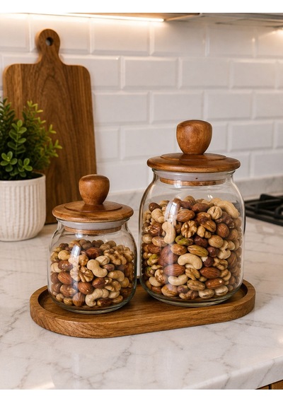 700ml-950ml Akasya Kapaklı Akasya Altıklı Cam Kavanoz Seti Ahşap - Şeffaf