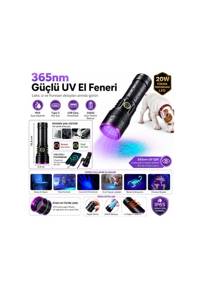 365nm Uv Siyah Işık El Feneri 20w Güçlü Led, Type-c Şarjlı, Ip65 Dayanıklı Gövde Diğer