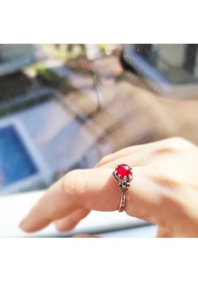 Oriental Kuyumculuk Jewellery Papatya Desenli Akik Taşlı Gümüş Yüzük Gümüş