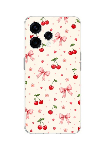 Oppo Reno 15 - Reno 15f Uyumlu Pembe Fiyonklu Ve Kiraz Desenli Krem Baskılı Silikon Kılıf