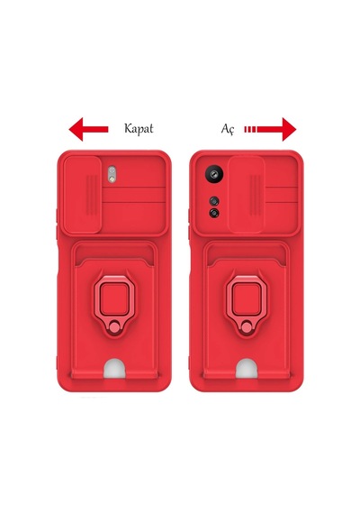 Xiaomi Redmi 13c Kılıf Zuma Kartvizitli Yüzüklü Silikon - Kırmızı Düz Renkli