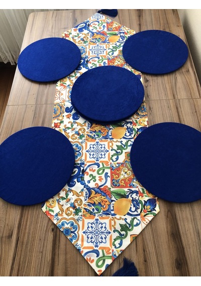 Sulu Boya Çini Limon Desenli Runner & Supla Çok Renkli