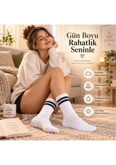 Biçomi Kaymayan, Nefes Alan Çift Çizgili Kolej Stil Unisex Pamuklu Uzun Soket Çorap 12 Li Avantaj Paketi Beyaz