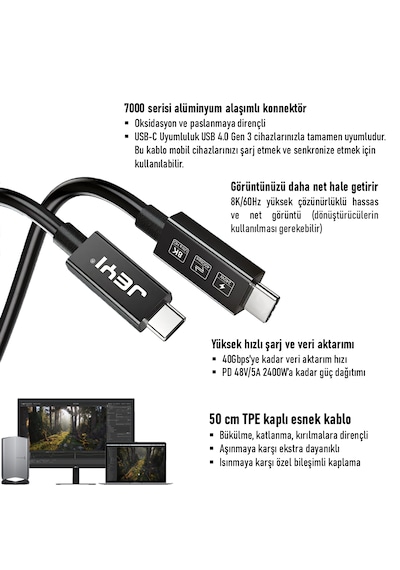 Jeyı Tb-050 50cm Thunderbolt-4 40gbps 8k 60hz Görüntü Pd 240w