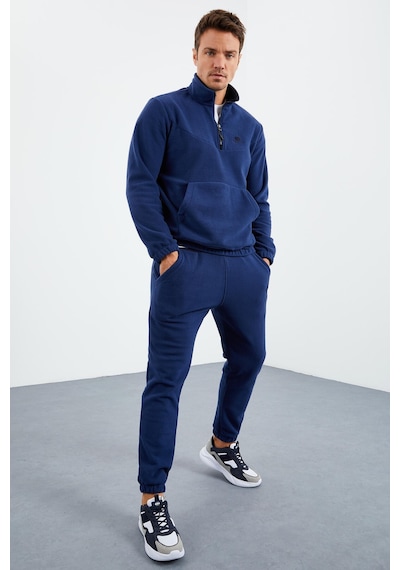 Tommy Life İndigo Yarım Fermuar Dik Yaka Lastik Paça Polar Erkek Eşofman Takımı - 85159 İndigo