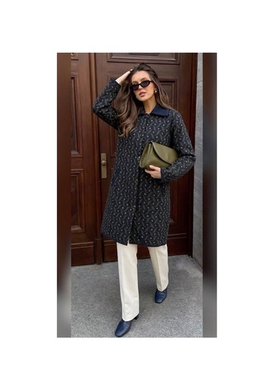 Onno Style Women Desenli Çelik Örgü Uzun Triko Kadın Kaban Lacivert