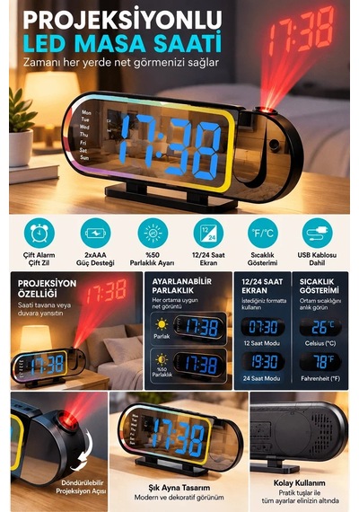 Lb Modern Dijital Led Masa Saati Alarm Özellikli 12 24 Saat Seçenekli Sıcaklık Göstergeli Ekran Çok Renkli