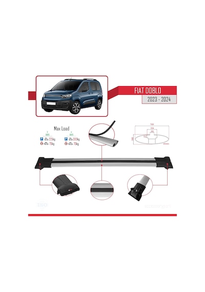 Fiat Doblo 2023 Ve Sonrası İle Uyumlu Fly Model Ara Atkı Tavan Barı Gri 3 Adet Bar