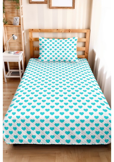 Kalp Turkuaz Genç Odası Tek Kişilik Pike Takımı - Minimal Beyaz 160x220 Cm Kapitone Yatak Örtüsü Bohem İz Baharı