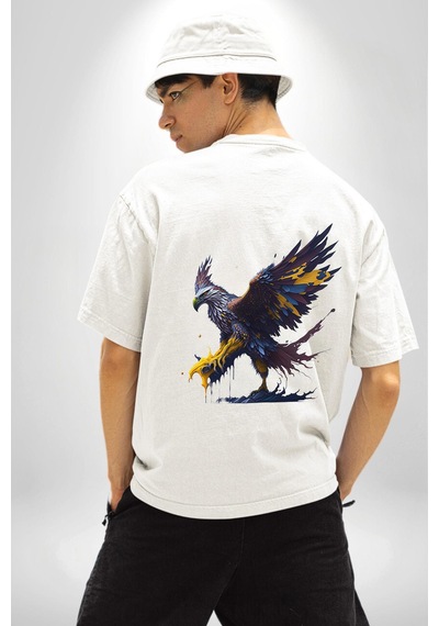 Kara Kartal Sulu Boya Beyaz Oversize Unisex Ön Ve Sırt Baskılı Tişört Beyaz