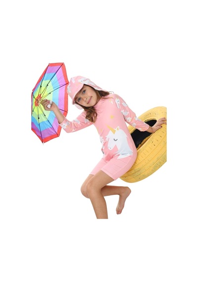 My Kids Wear Şapkalı Fermuarlı Uzun Kollu Kız Çocuk Mayo Mor - Mavi