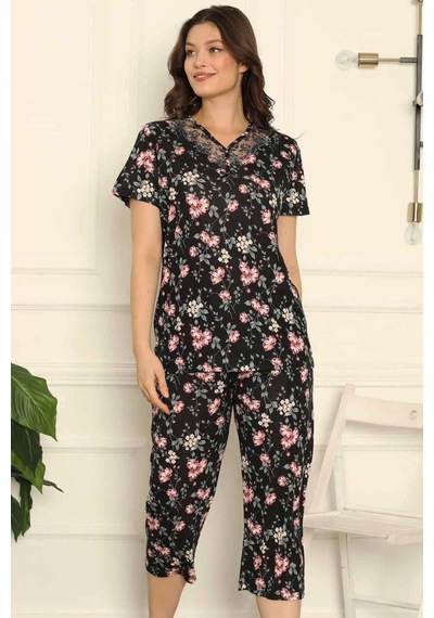 Alimer Kadın Siyah Dantelli V Yaka Bermuda Pijama Takım Edy2708s Siyah