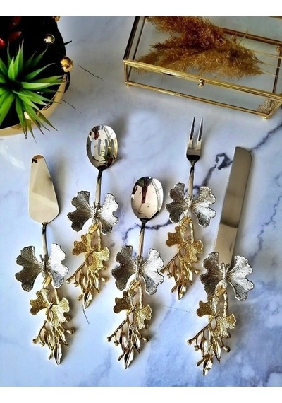 5 Parça Kelebek Desenli Gold Saplı Çelik Servis Seti
