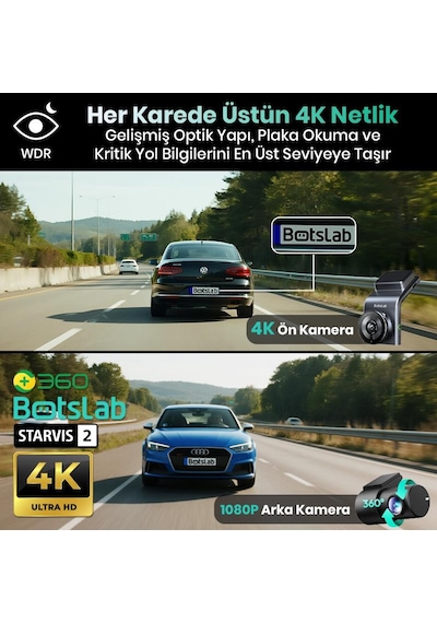 +360 Botslab G300H Plus WDR 4K UHD Ön+Arka WiFi+GPS 170° Geniş Açı Gece Görüşlü Araç İçi Kamera Dash