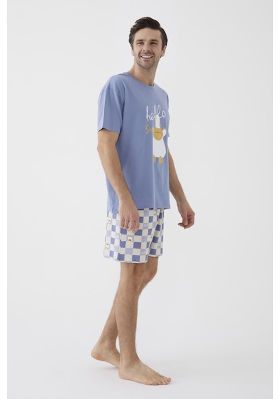 Erkek Kısa Kollu Pamuklu Ekose Desenli Ördek Baskılı Şortlu Pijama Takımı Ke30309 Mavi
