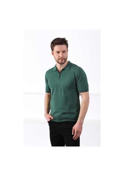 Ferraro Yeşil Polo Yaka Fermuarlı Erkek Pamuk Triko T-Shirt-Yeşil (417942963) Yeşil