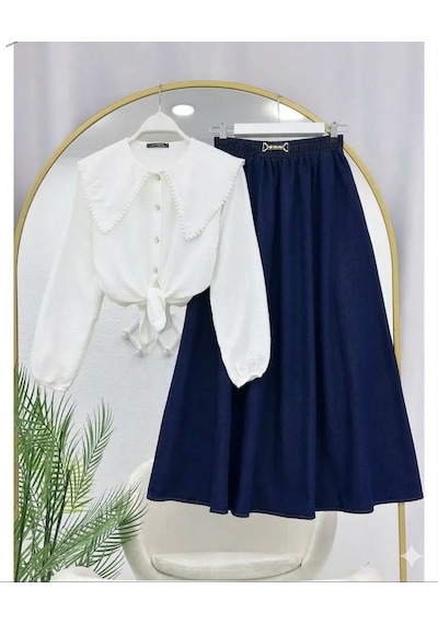 Lovie Moda Kadın Kot Etekli Takım - Lacivert Gri