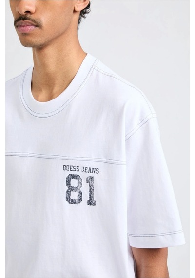Guess Erkek Beyaz Pamuk T-shirt Logolu, Regular Fit Beyaz
