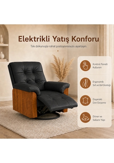 Smarto Relax Berlin Elektrikli Döner Sallanan Tv Koltuğu Kontrol Panelli Ergonomik Kırmızı Deri Baba Koltuğu Siyah