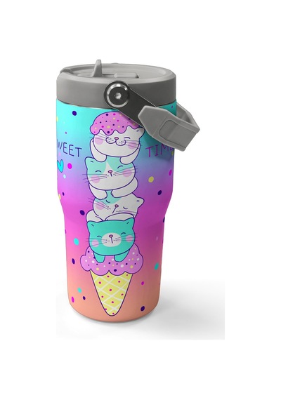 Coral High Renkli Dondurmalı Kedi Desenli Katlanır Ağızlıklı Çelik Termos 600 Ml 38914 Pembe