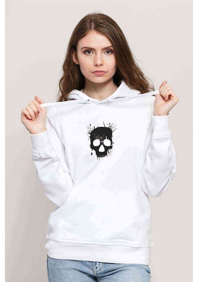 Skull Kurukafa T Baskılı Beyaz Kadın Kapşonlu Sweatshirt